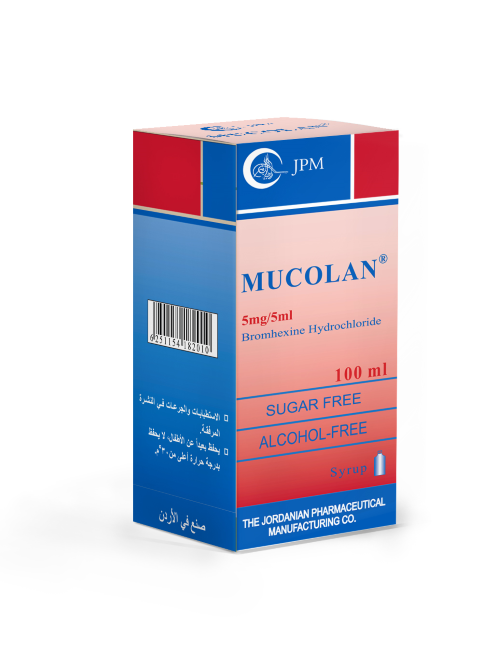 Mucolan Bromhexine Hydrochloride syrup bottle for mucus relief